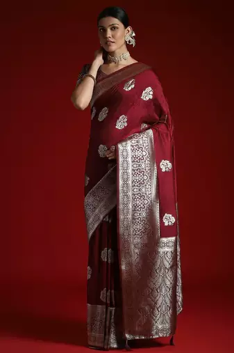 Burgundy ethnic motifs woven design banarasi saree