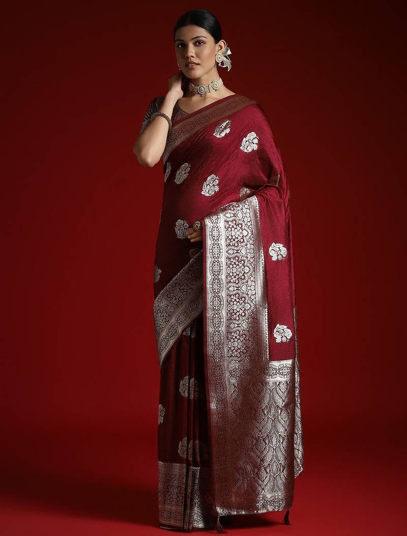 Burgundy ethnic motifs woven design banarasi saree