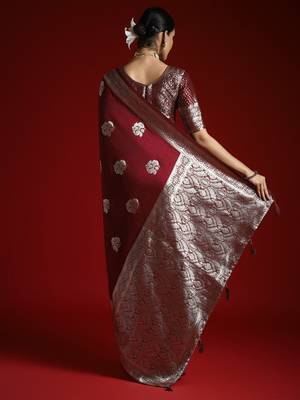 Burgundy ethnic motifs woven design banarasi saree 2
