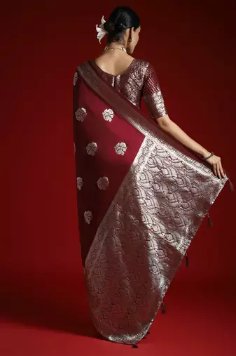 Burgundy ethnic motifs woven design banarasi saree