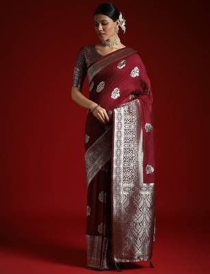 Burgundy ethnic motifs woven design banarasi saree 3