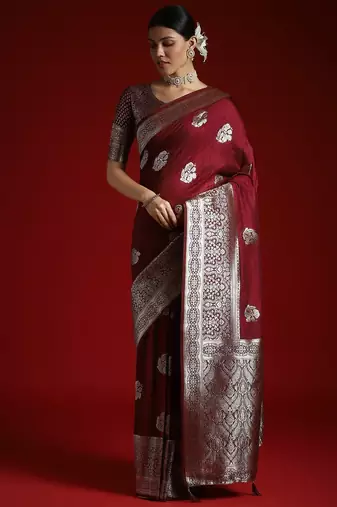 Burgundy ethnic motifs woven design banarasi saree