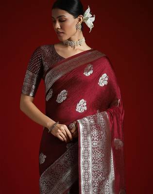 Burgundy ethnic motifs woven design banarasi saree 4