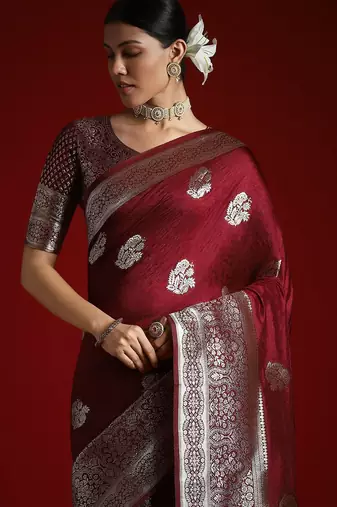 Burgundy ethnic motifs woven design banarasi saree