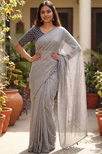 Grey  cotton khadi saree with blouse