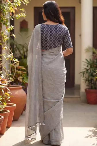 Grey  cotton khadi saree with blouse