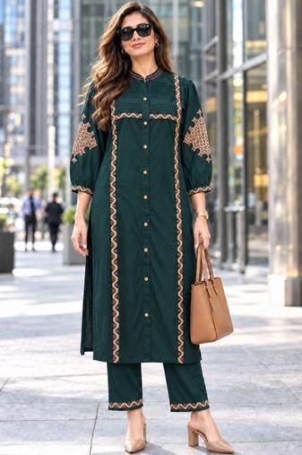 women ethnic motifs embroidered regular thread work kurta with trousers