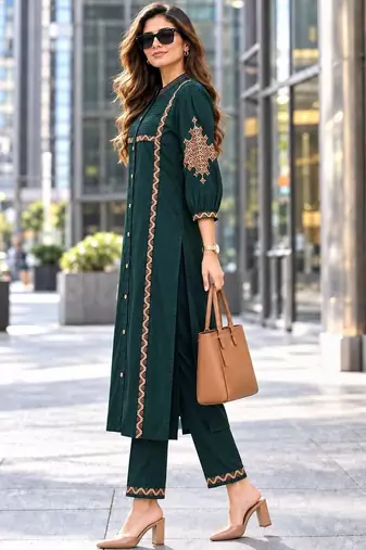 women ethnic motifs embroidered regular thread work kurta with trousers