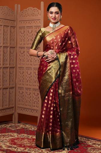 Maroon ethnic motifs woven design organza banarasi saree