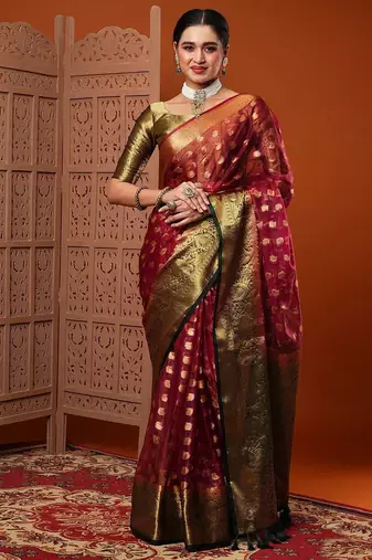 Maroon ethnic motifs woven design organza banarasi saree