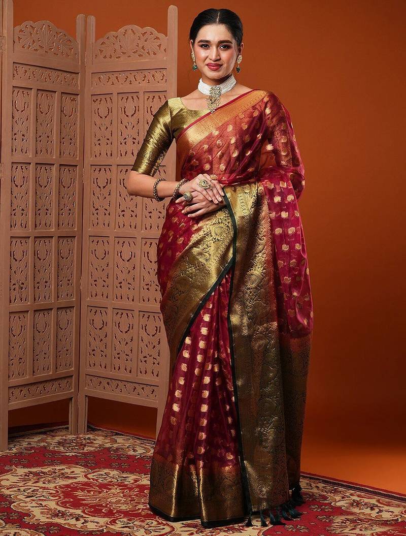 Maroon ethnic motifs woven design organza banarasi saree