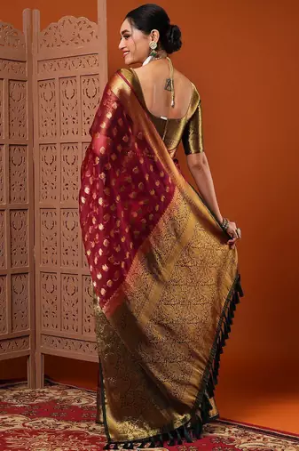 Maroon ethnic motifs woven design organza banarasi saree