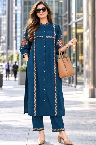 women ethnic motifs embroidered regular sequinned kurta with trousers