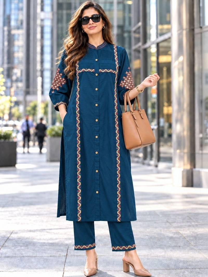 women ethnic motifs embroidered regular sequinned kurta with trousers
