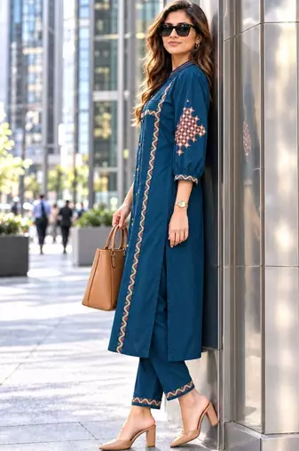women ethnic motifs embroidered regular sequinned kurta with trousers