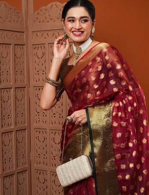 Maroon ethnic motifs woven design organza banarasi saree 3
