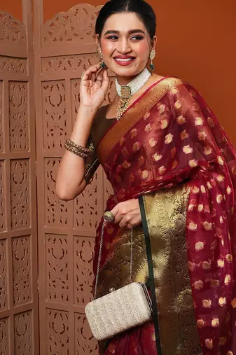 Maroon ethnic motifs woven design organza banarasi saree