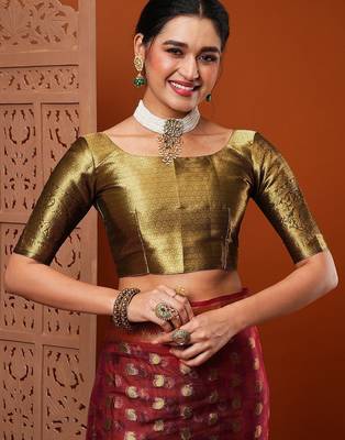 Maroon ethnic motifs woven design organza banarasi saree 5