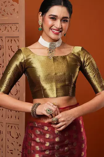 Maroon ethnic motifs woven design organza banarasi saree