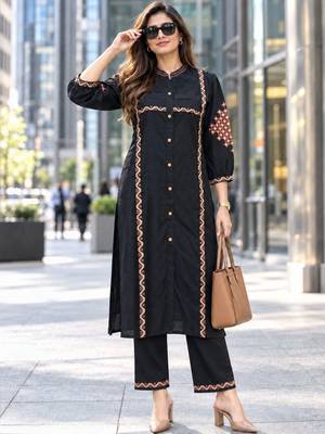 women ethnic motifs embroidered regular thread work kurta with trousers 1