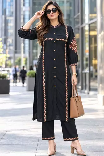 women ethnic motifs embroidered regular thread work kurta with trousers