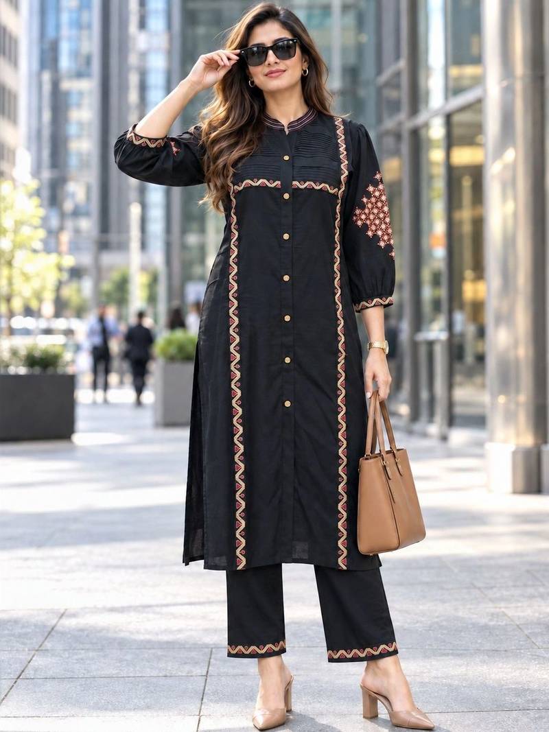 women ethnic motifs embroidered regular thread work kurta with trousers