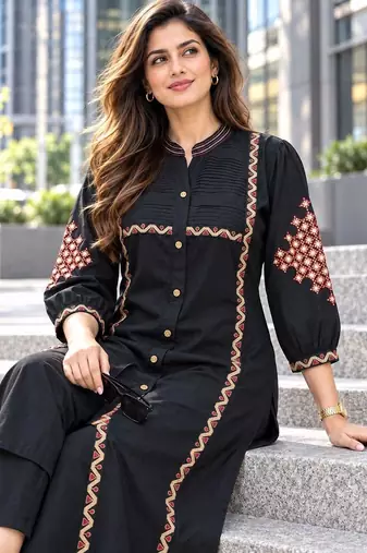 women ethnic motifs embroidered regular thread work kurta with trousers