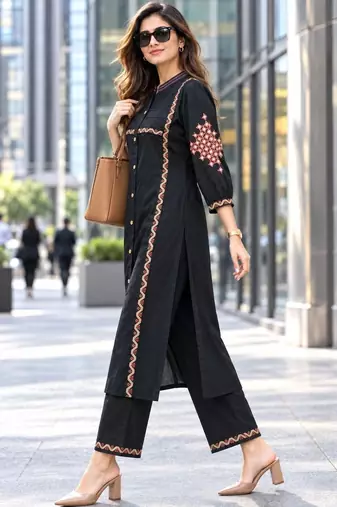 women ethnic motifs embroidered regular thread work kurta with trousers