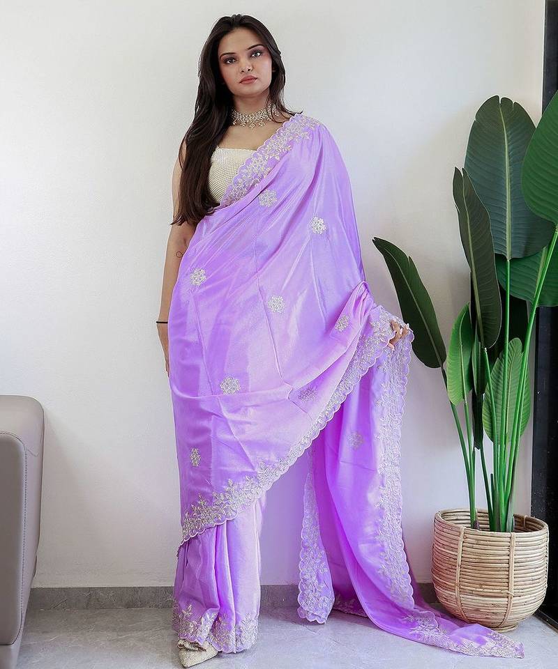 Lavender floral embroidered saree