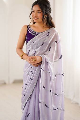 Lavender abstract embroidered satin saree