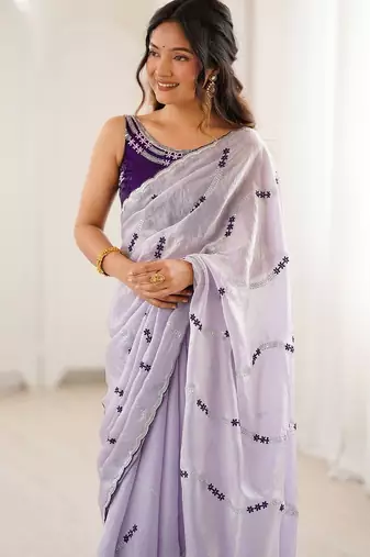 Lavender abstract embroidered satin saree