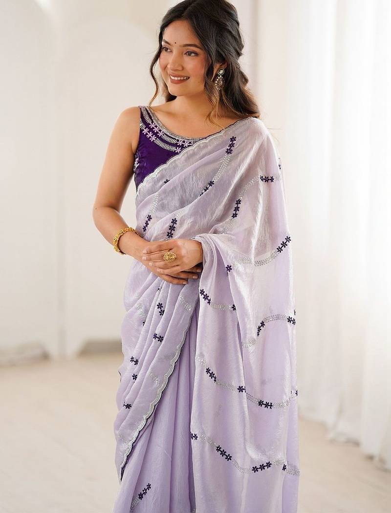 Lavender abstract embroidered satin saree