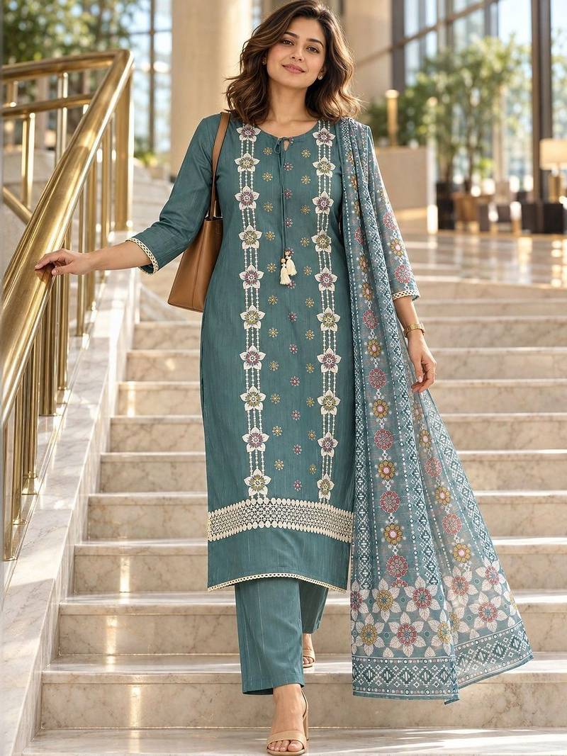 women embroidered regular thread work kurta with trousers with dupatta