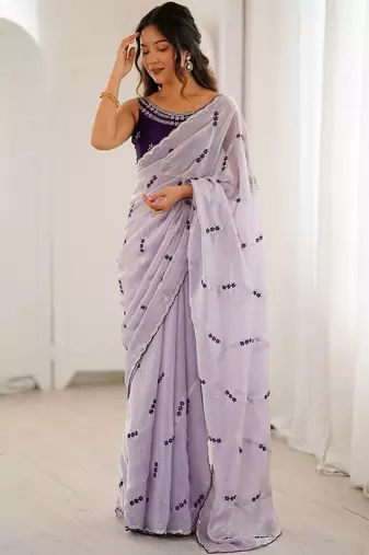 Lavender abstract embroidered satin saree