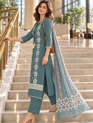 women embroidered regular thread work kurta with trousers with dupatta 2