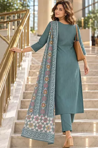 women embroidered regular thread work kurta with trousers with dupatta