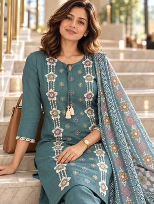 women embroidered regular thread work kurta with trousers with dupatta 4
