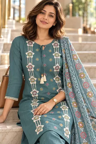 women embroidered regular thread work kurta with trousers with dupatta