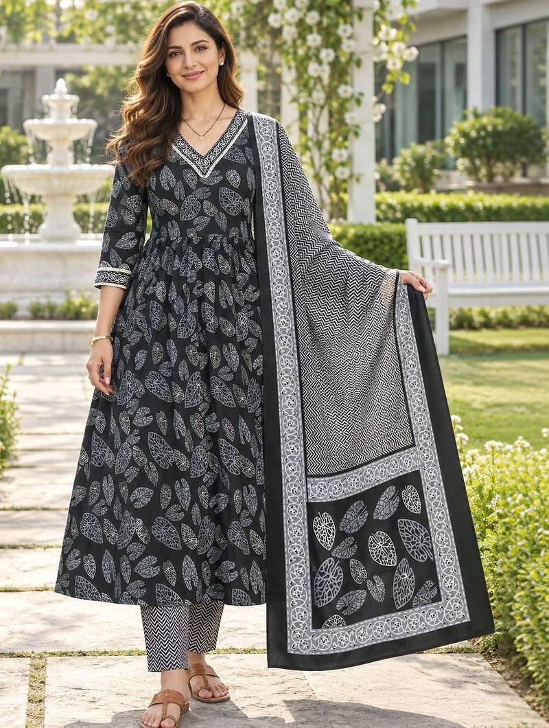 women ethnic motifs printed empire kurta with trousers with dupatta