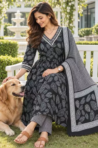 women ethnic motifs printed empire kurta with trousers with dupatta