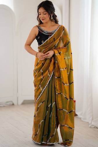 Gold embellished embroidered satin saree