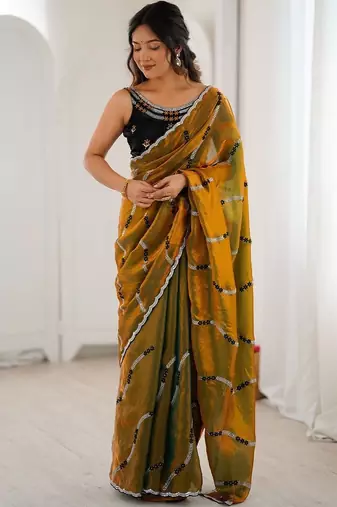 Gold embellished embroidered satin saree