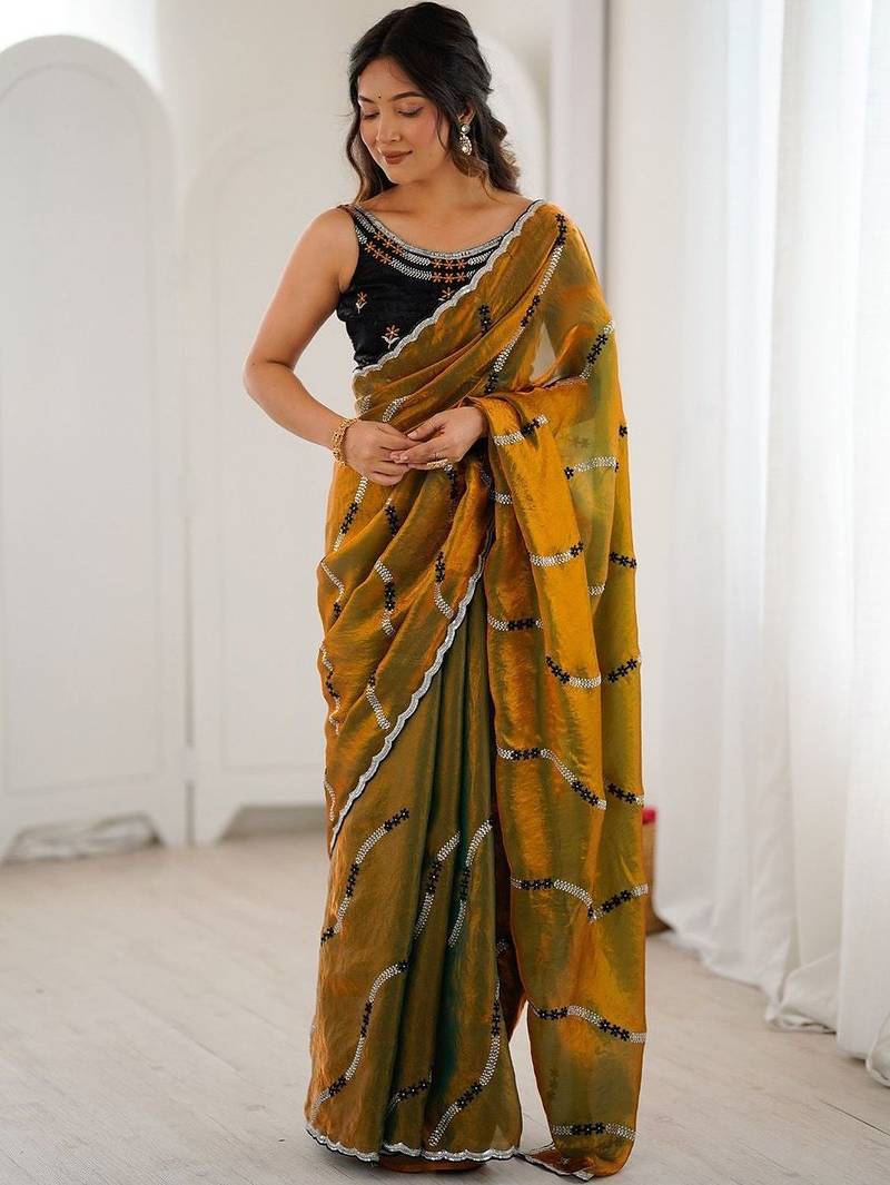 Gold embellished embroidered satin saree
