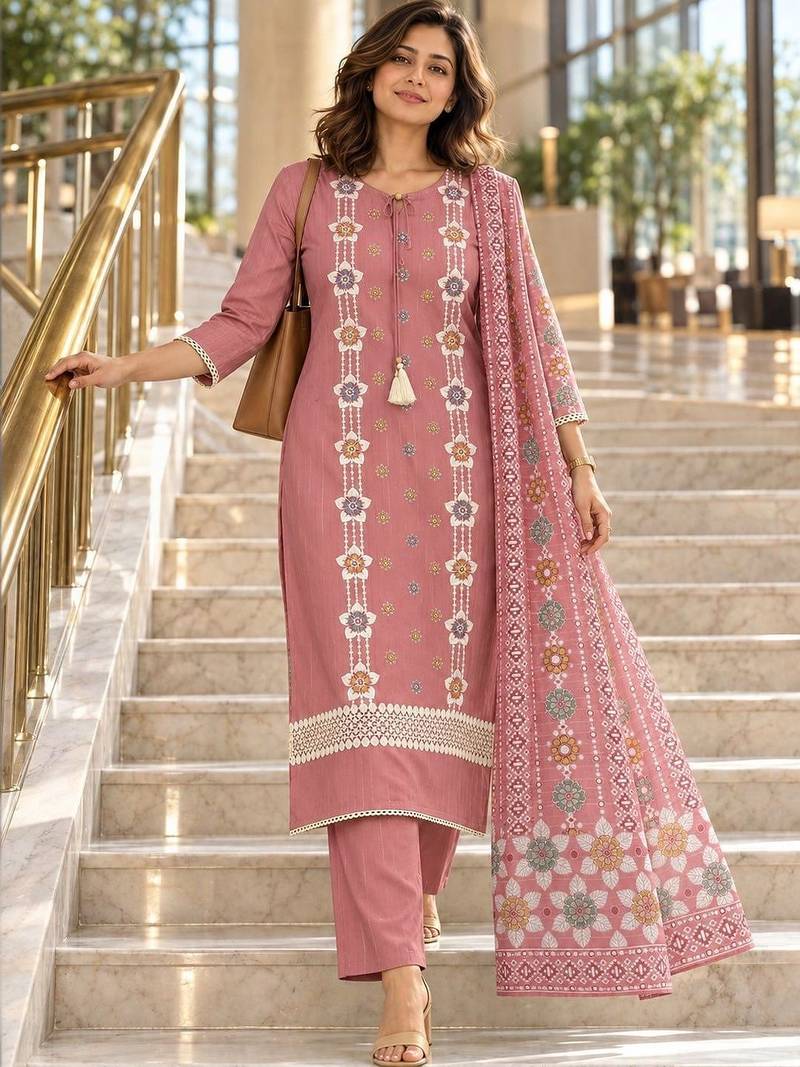 women ethnic motifs embroidered regular kurta with trousers & with dupatta