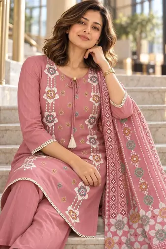 women ethnic motifs embroidered regular kurta with trousers & with dupatta