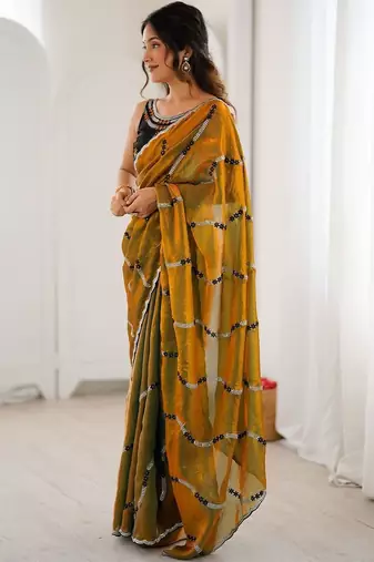 Gold embellished embroidered satin saree