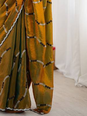 Gold embellished embroidered satin saree 4