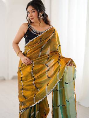 Gold embellished embroidered satin saree 5