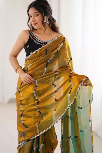 Gold embellished embroidered satin saree