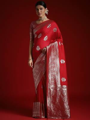 Red ethnic motifs satin banarasi saree with blouse piece 1